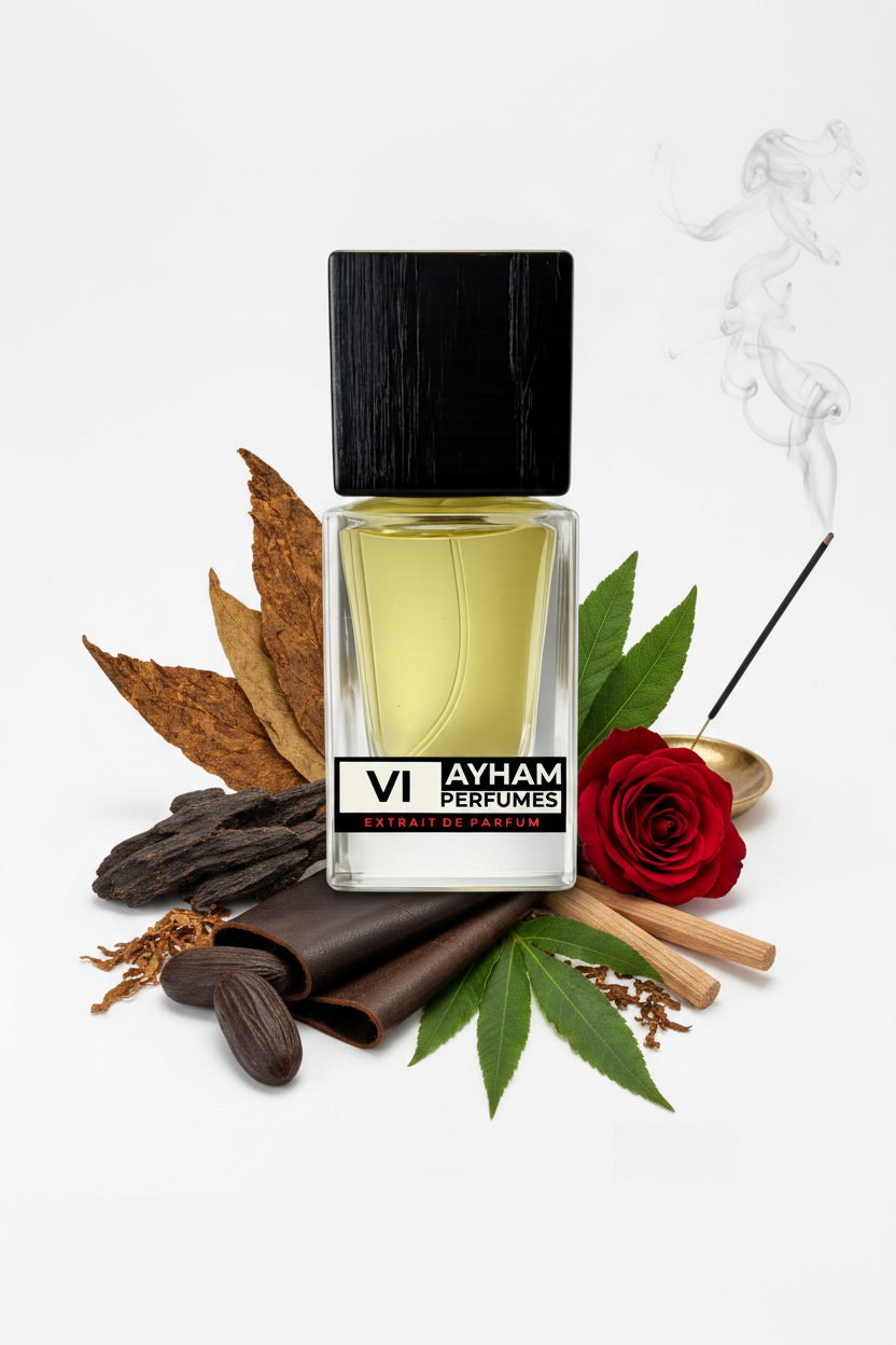 Perfume bottle with black cap and Ayham Perfumes label on a white background