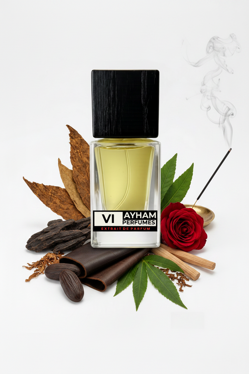 Perfume bottle with black cap and Ayham Perfumes label on a white background