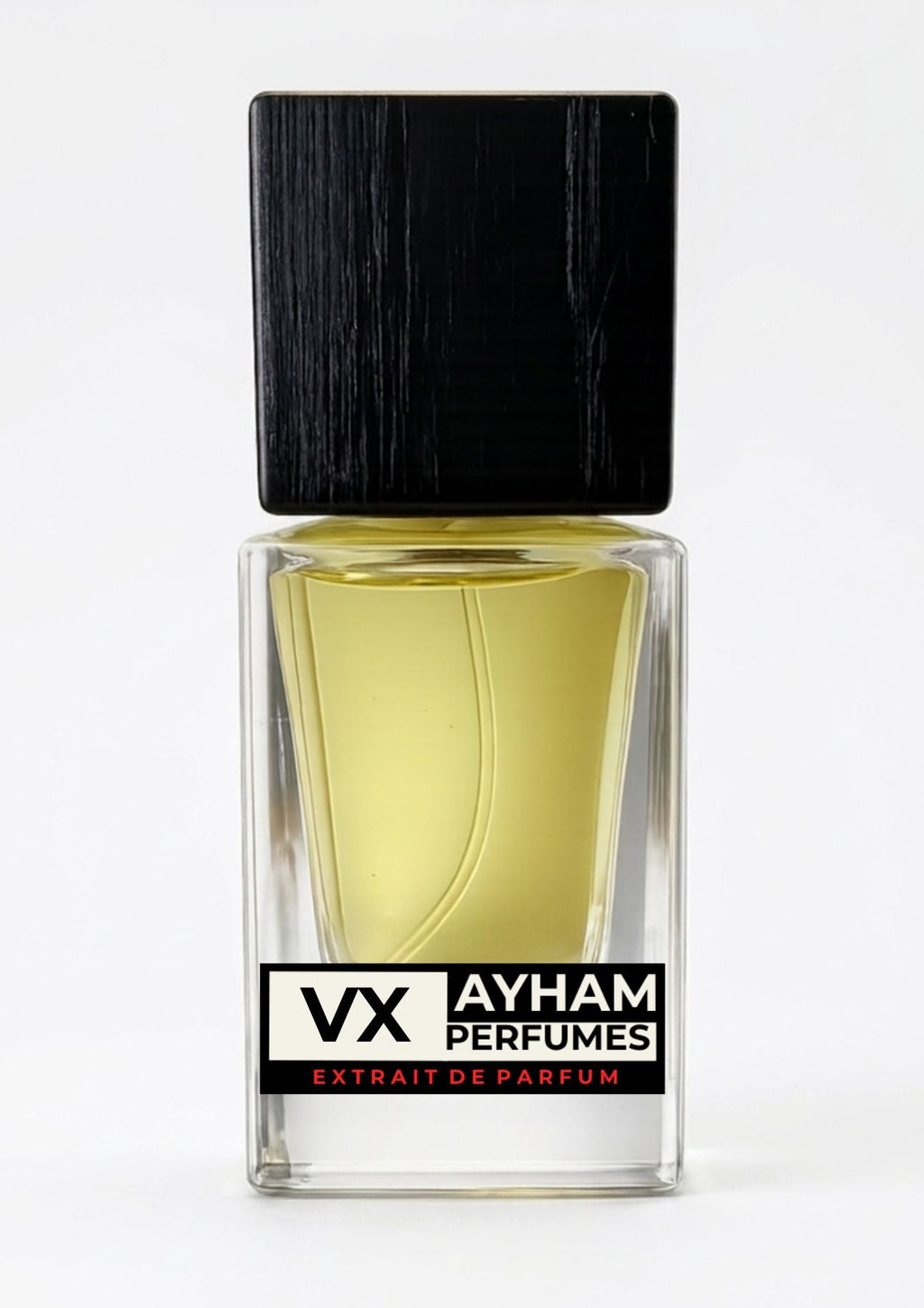 Perfume bottle with black cap and Ayham Perfumes label on a white background