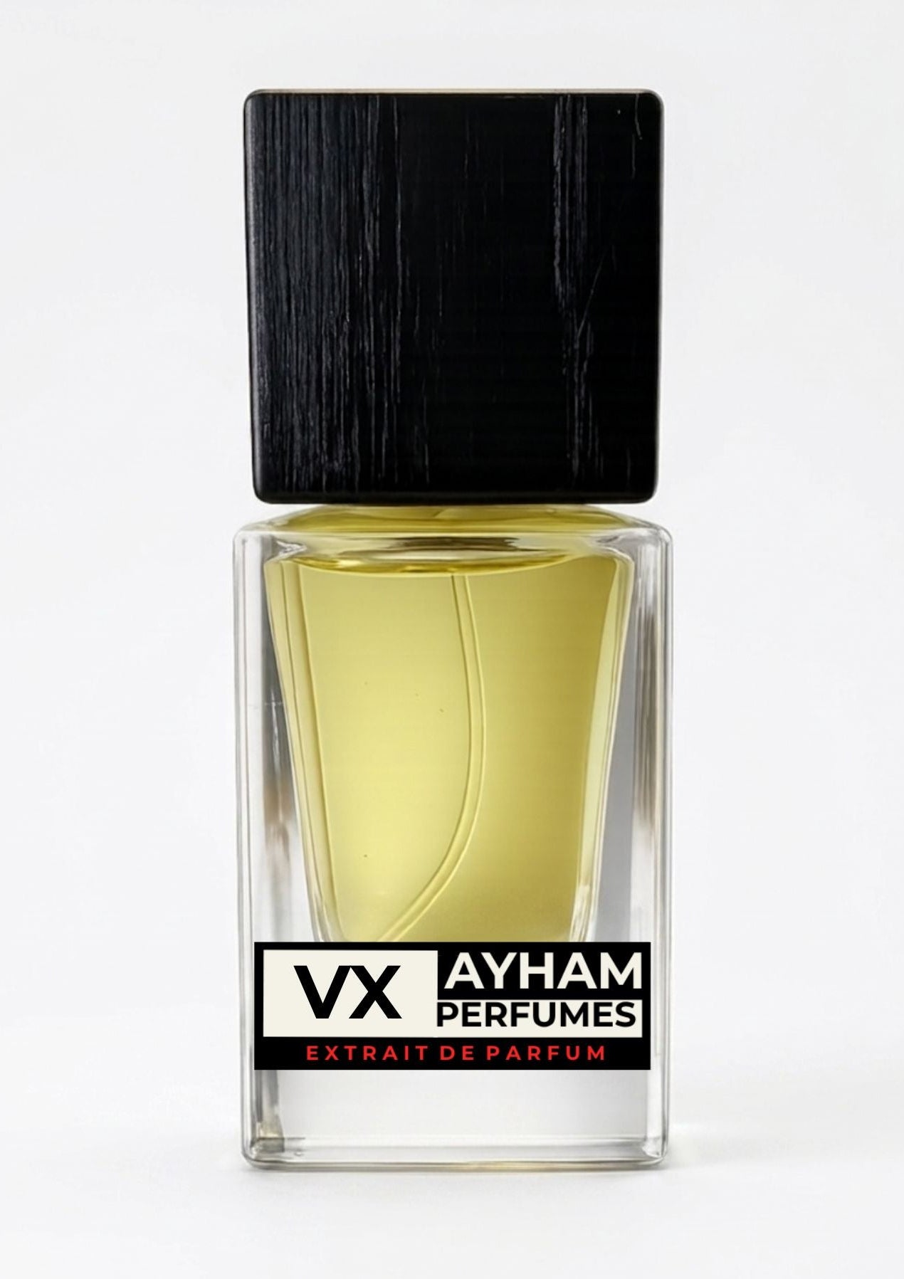 Perfume bottle with black cap and Ayham Perfumes label on a white background