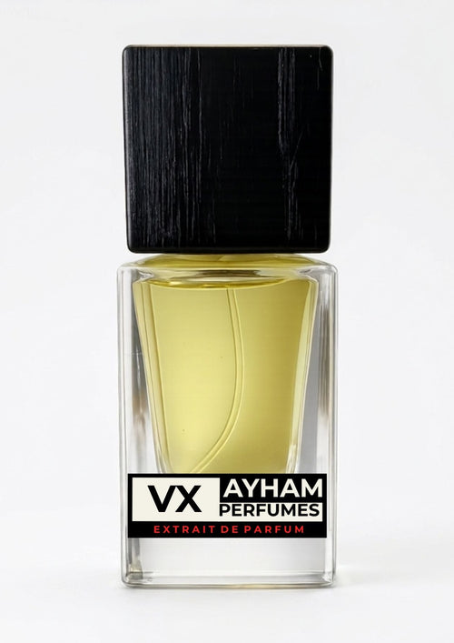 Perfume bottle with black cap and Ayham Perfumes label on a white background