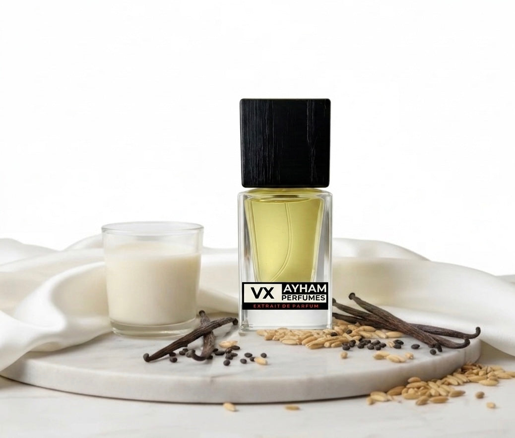 VX Ayham Perfumes bottle with a glass of milk and vanilla beans on a white background
