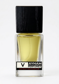 Perfume bottle with black cap and Ayham Perfumes label on a white background