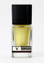 Perfume bottle with black cap and Ayham Perfumes label on a white background