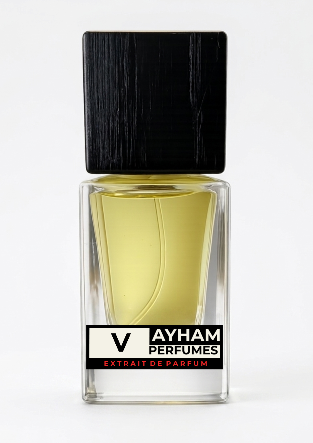 Perfume bottle with black cap and Ayham Perfumes label on a white background