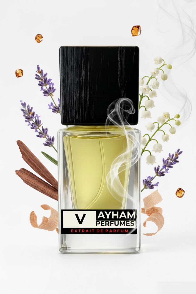 Perfume bottle with black cap and Ayham Perfumes label on a white background