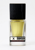 Perfume bottle with black cap and Ayham Perfumes label on a white background