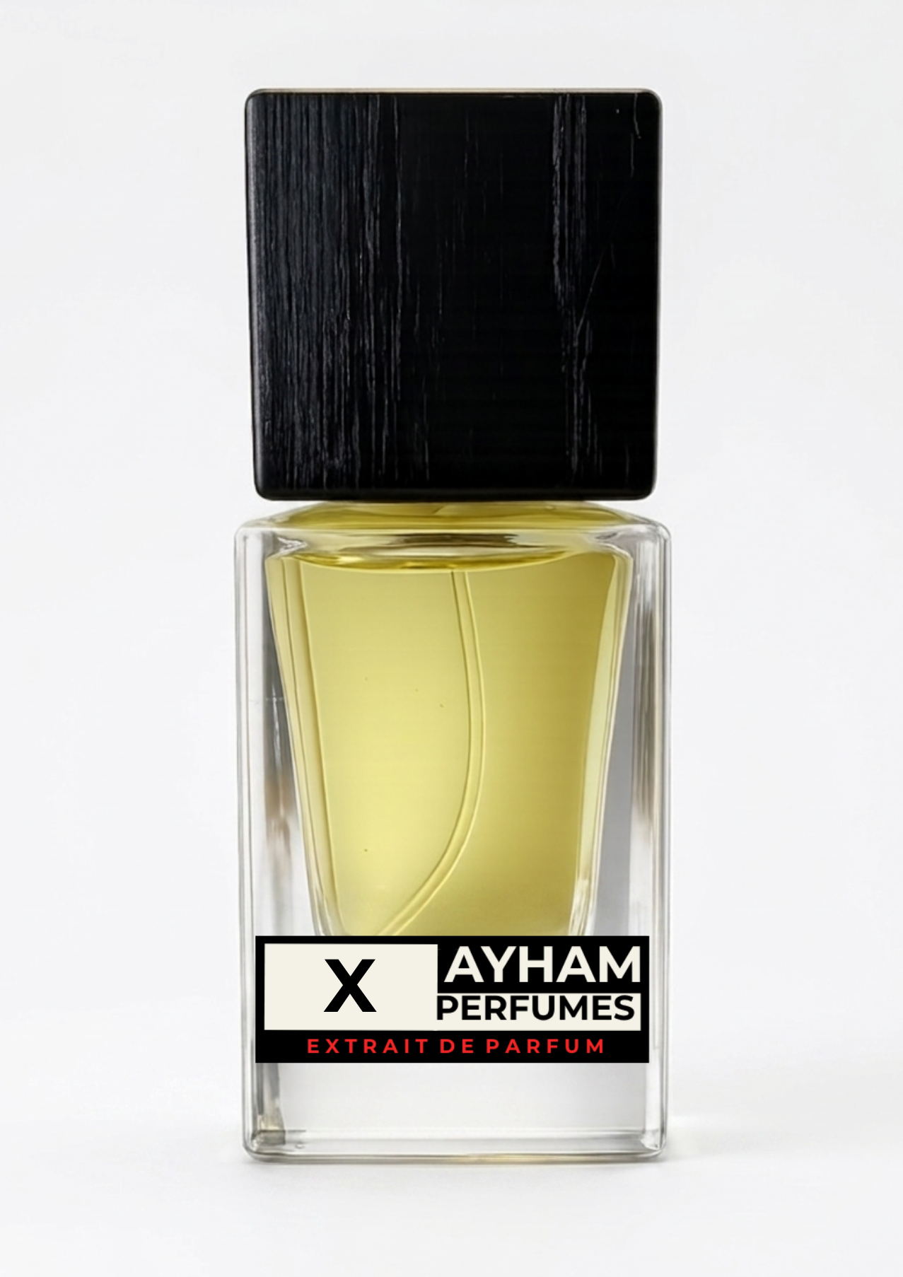 Perfume bottle with black cap and Ayham Perfumes label on a white background