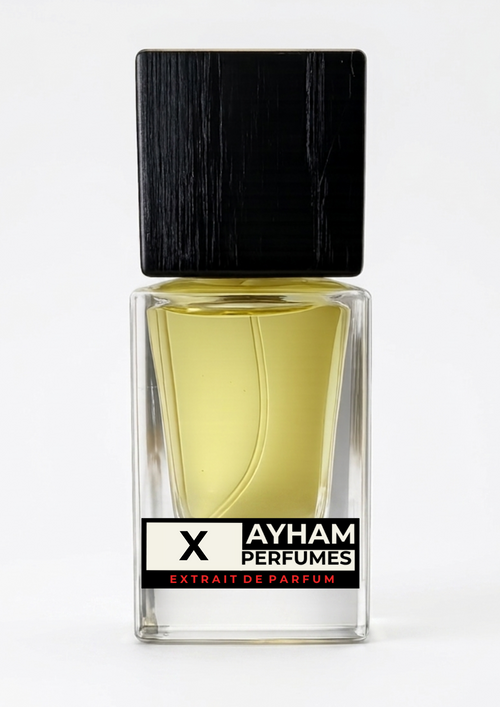 Perfume bottle with black cap and Ayham Perfumes label on a white background