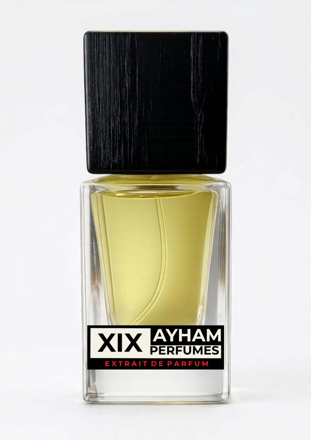 Perfume bottle with black cap and clear body on a white background