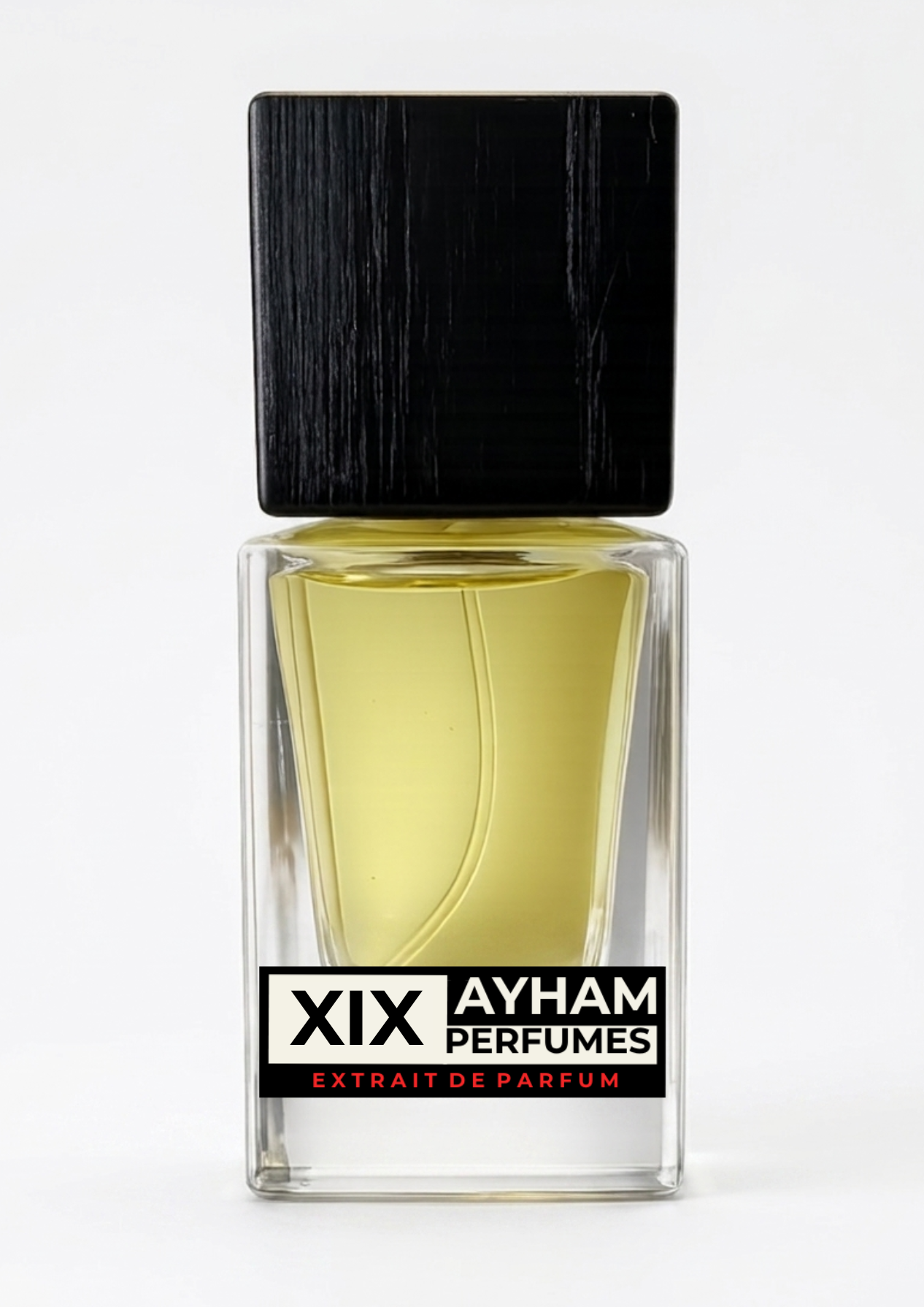 Perfume bottle with black cap and clear body on a white background