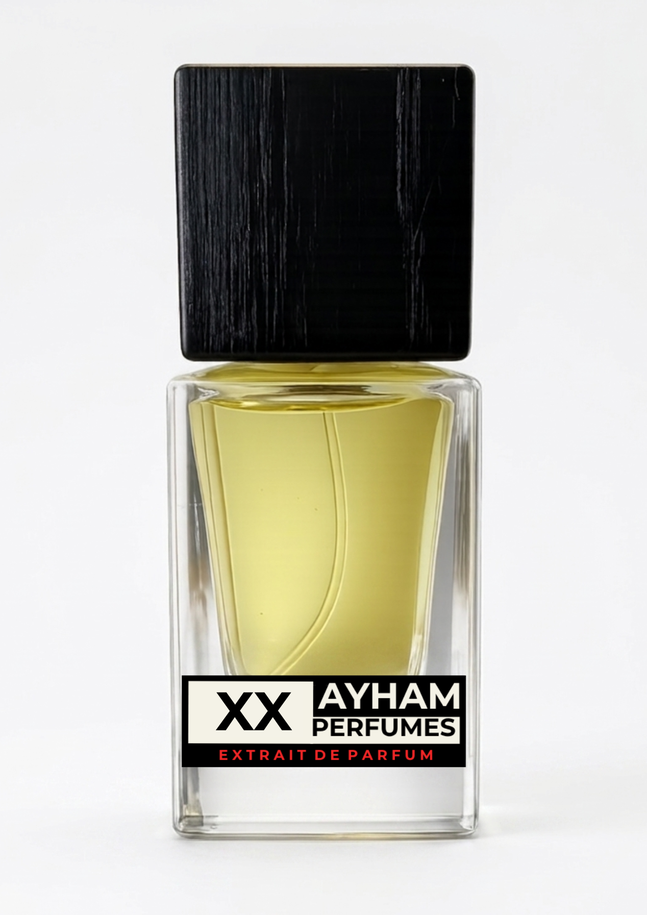 Perfume bottle with black cap and Ayham Perfumes label on a white background