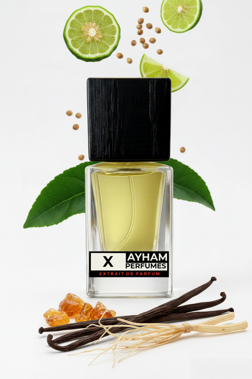 Perfume bottle with black cap and Ayham Perfumes label on a white background